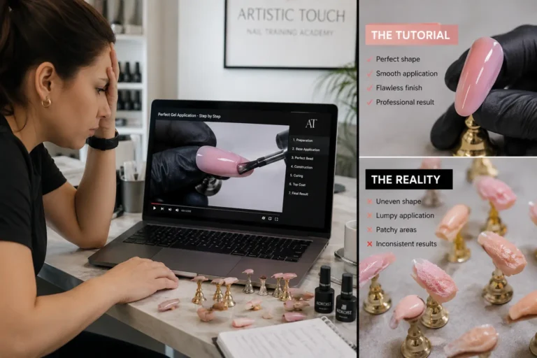 Nail technician watching tutorial videos on laptop with inconsistent practice results scattered on desk showing gap between demonstration and actual execution