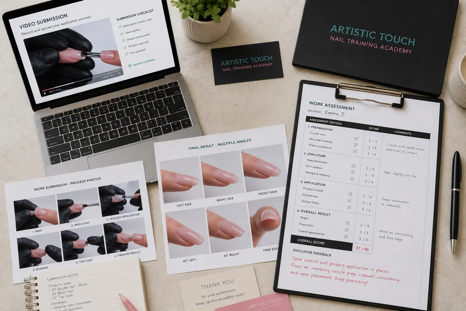 Professional work submission documentation for online nail course showing multiple angle photos and video evidence for comprehensive assessment