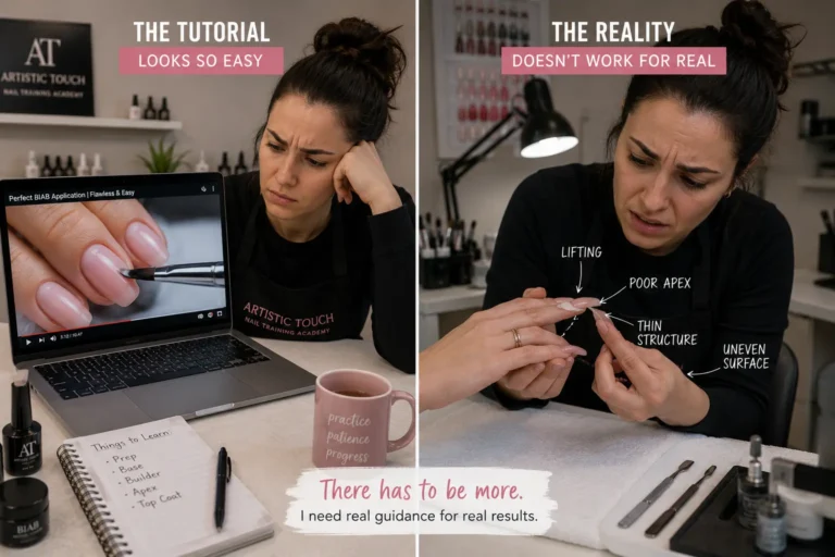 Nail technician comparing perfect tutorial demonstration on laptop screen with real client nail showing lifting problems highlighting gap between watching tutorials and understanding technique