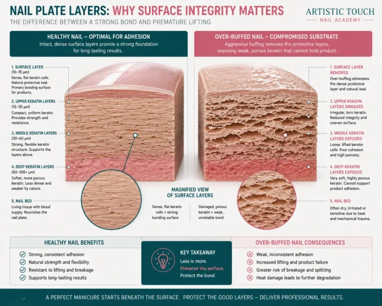 Educational cross-section comparing healthy dense keratin surface layers providing strong adhesion versus over-buffed nail with dense layers removed exposing weak porous substrate underneath