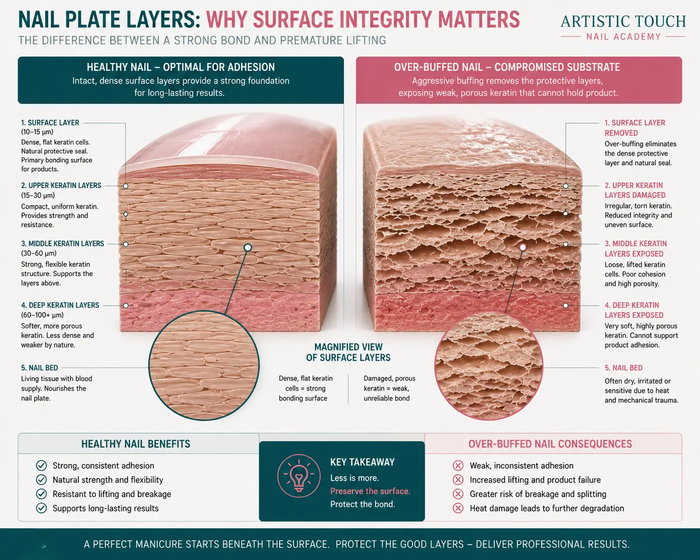 Educational cross-section comparing healthy dense keratin surface layers providing strong adhesion versus over-buffed nail with dense layers removed exposing weak porous substrate underneath