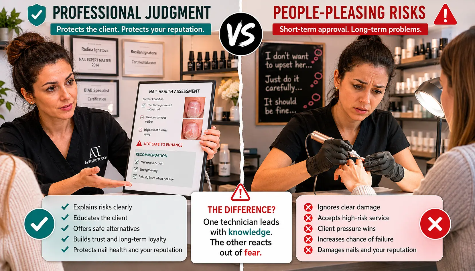 Comparison showing confident professional refusing inappropriate service with clear explanation versus anxious technician accepting work beyond safe capability due to income pressure