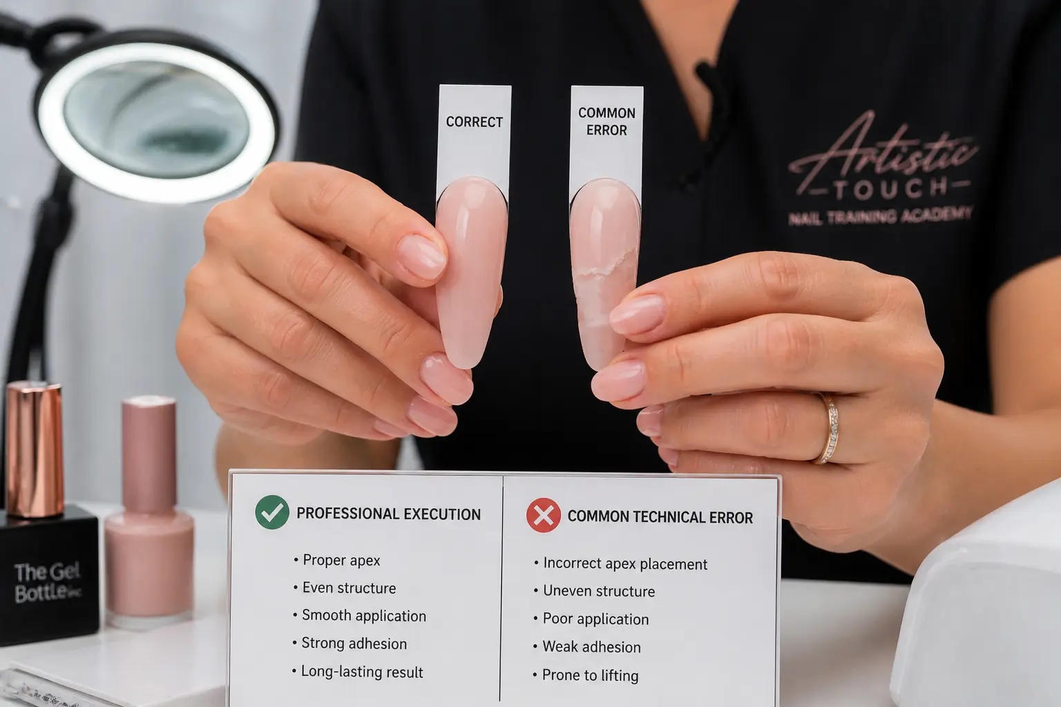 Close-up comparison of professional nail enhancement execution versus common technical error showing quality differences