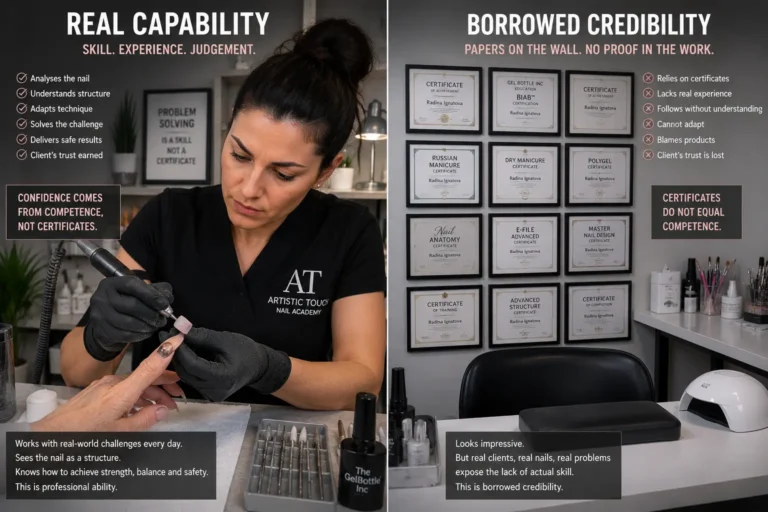 Confident professional working calmly on challenging nail type versus wall of certificates showing real confidence comes from understanding capability not collecting credentials