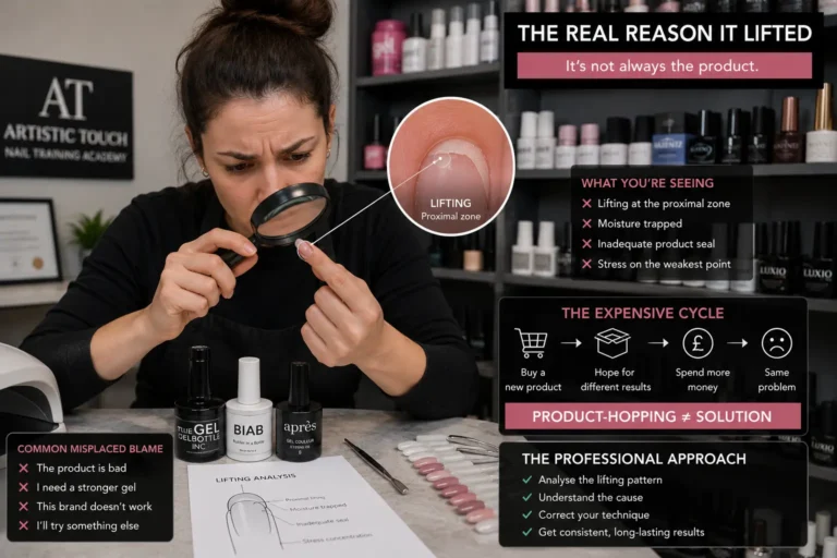 Nail technician examining lifted enhancement closely with multiple product bottles in background showing expensive product-switching habit instead of proper technical diagnosis