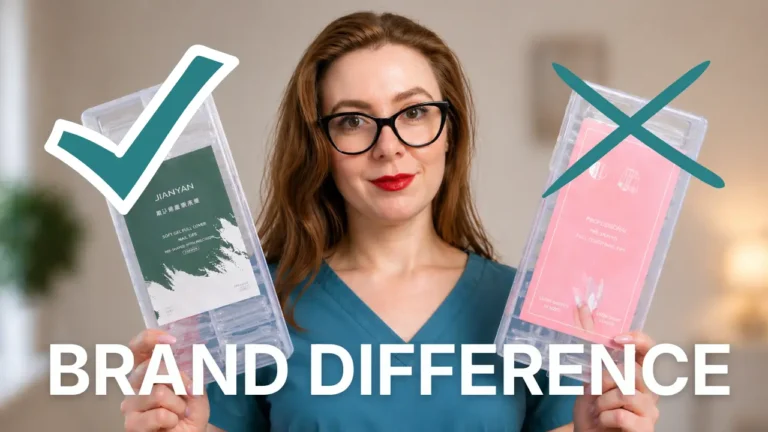Nail educator comparing two sandwich dual form brands showing quality differences with checkmark and X symbols indicating good versus poor quality