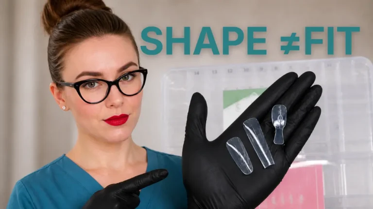 Nail educator Radina Ignatova holding three different sandwich dual forms showing varying arch structures with text Shape Does Not Equal Fit