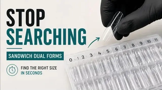 Professional nail technician hand selecting sandwich dual form from clearly labeled storage box showing numbered compartments making size selection instant and eliminating searching time