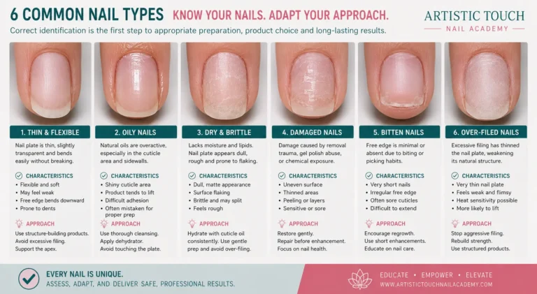 Educational comparison of six nail types showing thin flexible transparent nails, oily nails with visible shine, dry brittle flaking nails, damaged nails with irregularities, bitten nails with minimal edge, over-filed thinned nails requiring different preparation approaches