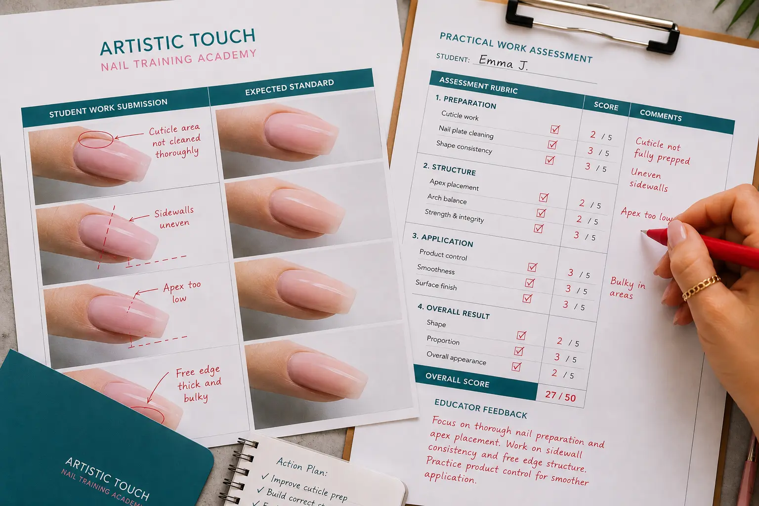 Professional educator marking specific technical errors on nail work submission photos with detailed corrections and diagnostic feedback annotations