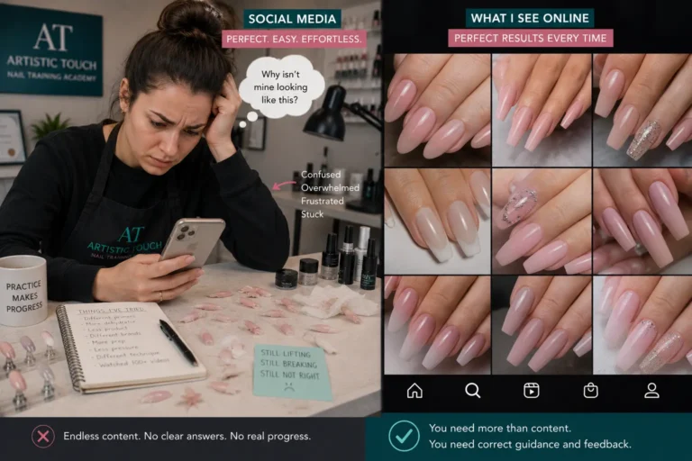 Frustrated nail technician scrolling through perfect nail demonstrations on phone while practice work shows lifting problems highlighting gap between watching tutorials and developing actual technique