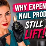 Nail technician holding premium gel product next to a nail showing lifting — why expensive nail products still lift