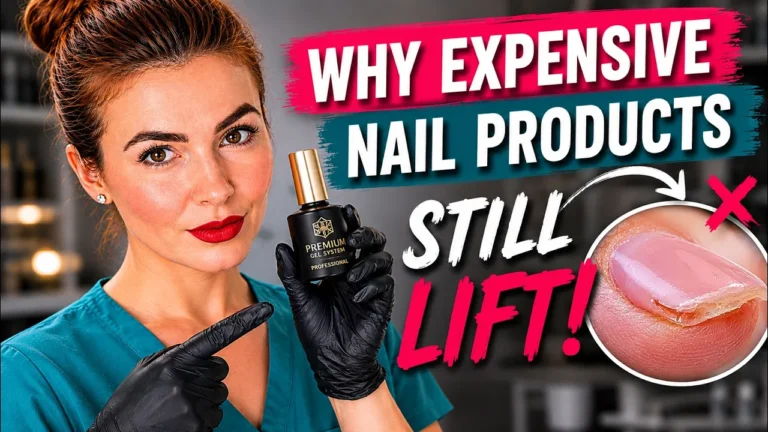 Nail technician holding premium gel product next to a nail showing lifting — why expensive nail products still lift