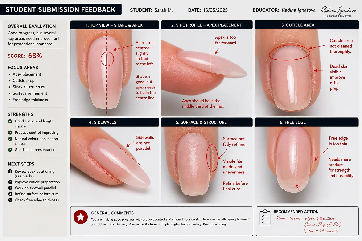 Nail work submission photographs with detailed red correction marks and professional diagnostic annotations from educator assessment