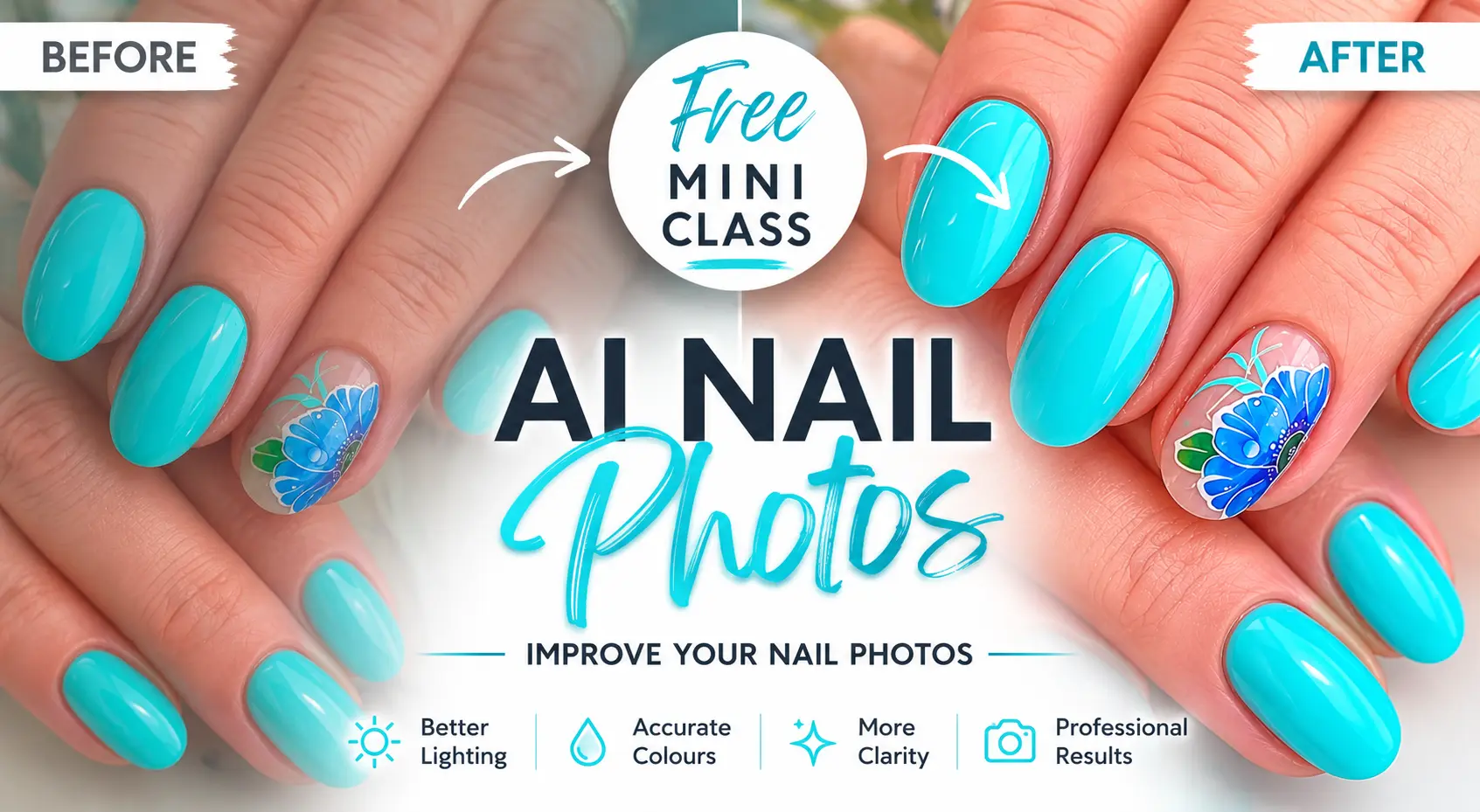 AI nail photography mini masterclass showing before and after nail photo enhancement using AI