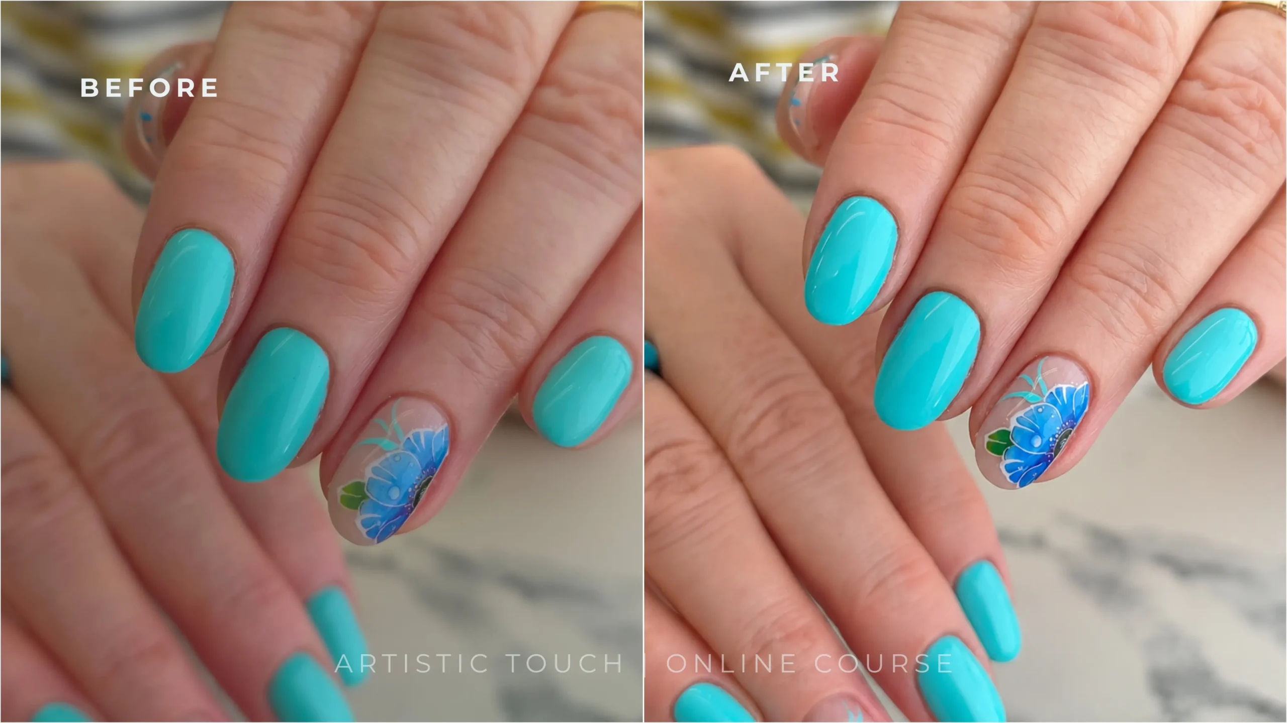 Before and after comparison showing how AI can improve nail photography - original photo on left, enhanced version on right using ChatGPT