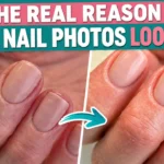 Before and after nail photos showing how lighting correction dramatically improves nail photography quality and presentation