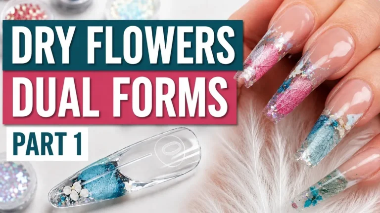 Dry flowers encapsulated in dual forms showing pink and blue flowers with glitter in builder gel, demonstrating proper encapsulation technique for nail structure
