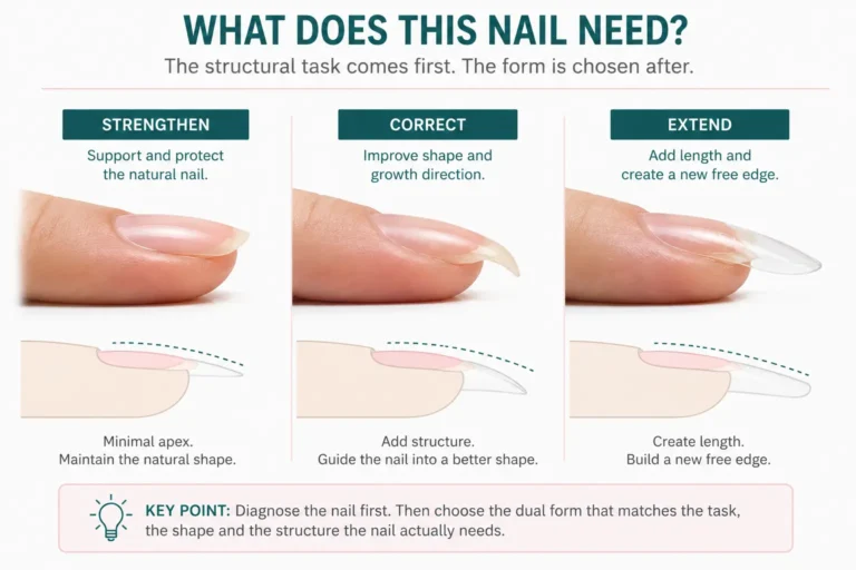 Dual form decision comparison showing when a natural nail needs strengthening, correction or extension