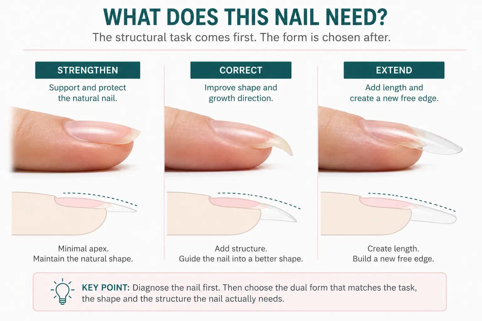 Dual form decision comparison showing when a natural nail needs strengthening, correction or extension