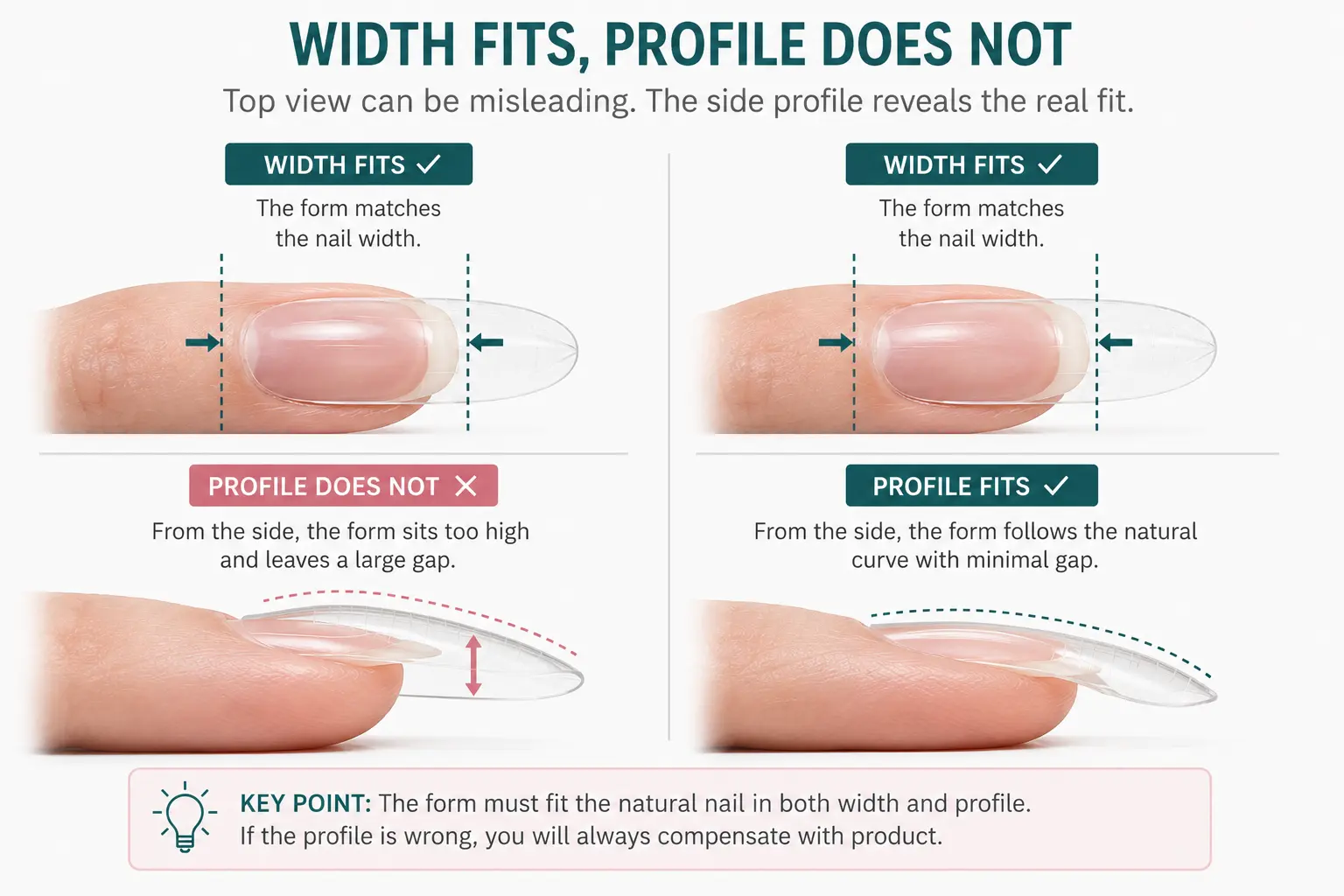 Dual form fits the nail width but does not match the natural nail side profile and curvature