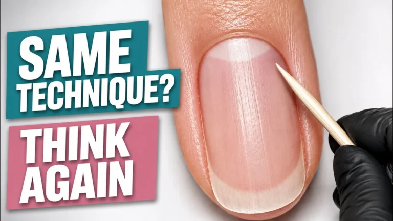 Russian manicure close-up showing nail lunula and e-file bit with text "Same Technique? Think Again" emphasizing need to adapt technique to individual nail anatomy