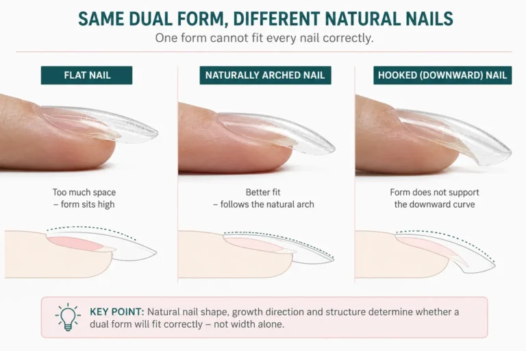 Same dual form compared on flat, naturally arched and hooked natural nail shapes