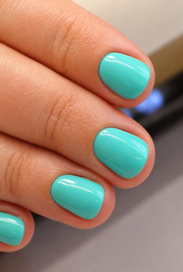 Clean turquoise Russian Manicure result on short natural nails