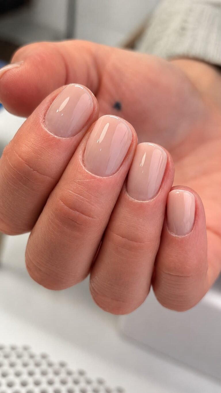 Pale pink Russian Manicure result on short natural nails