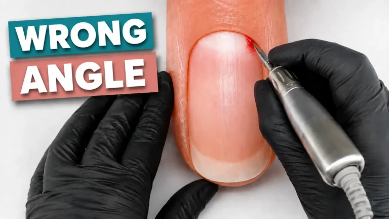 E-file flame bit held at the wrong angle near a lightly bleeding nail sinus during Russian manicure training