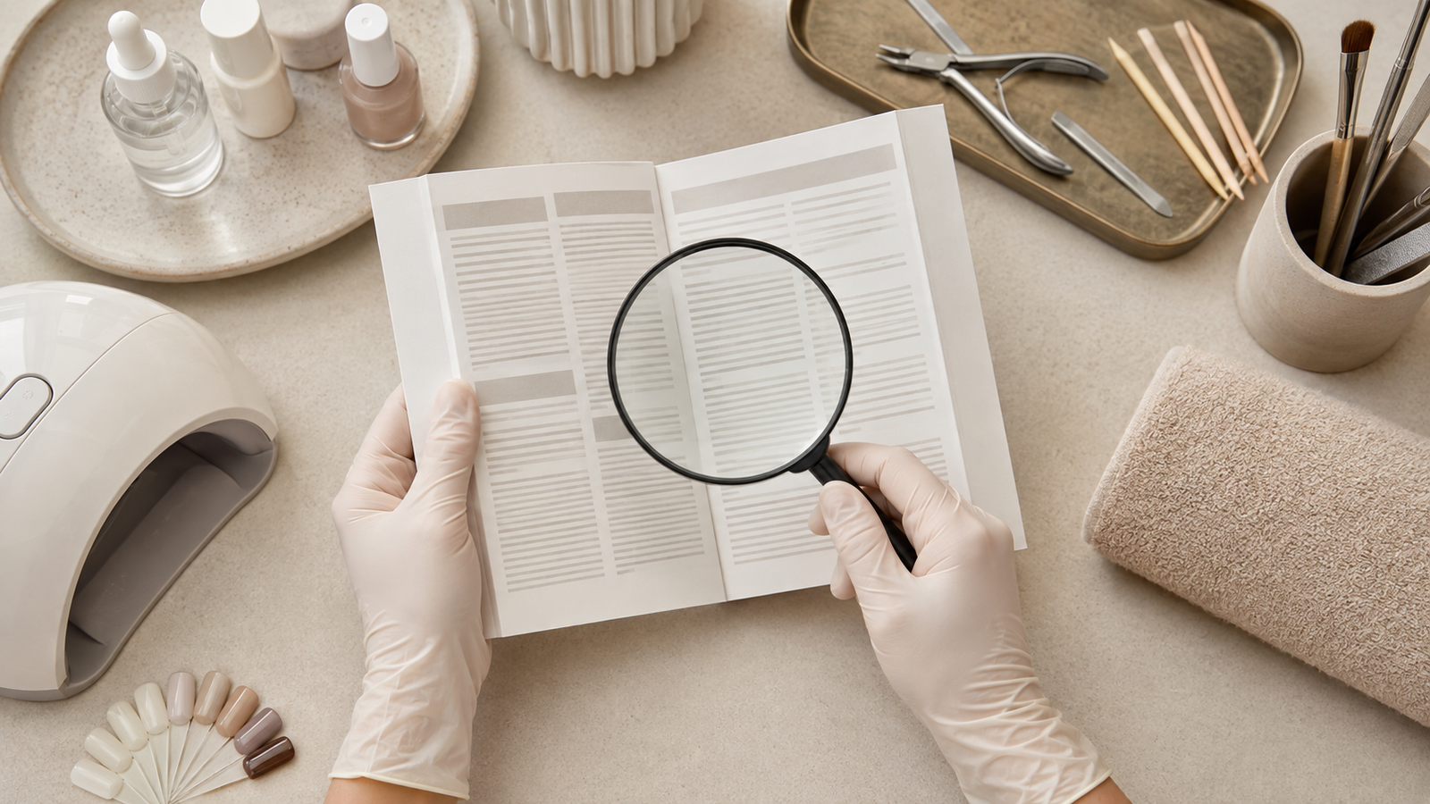 Nail technician checking product ingredient information for TPO compliance