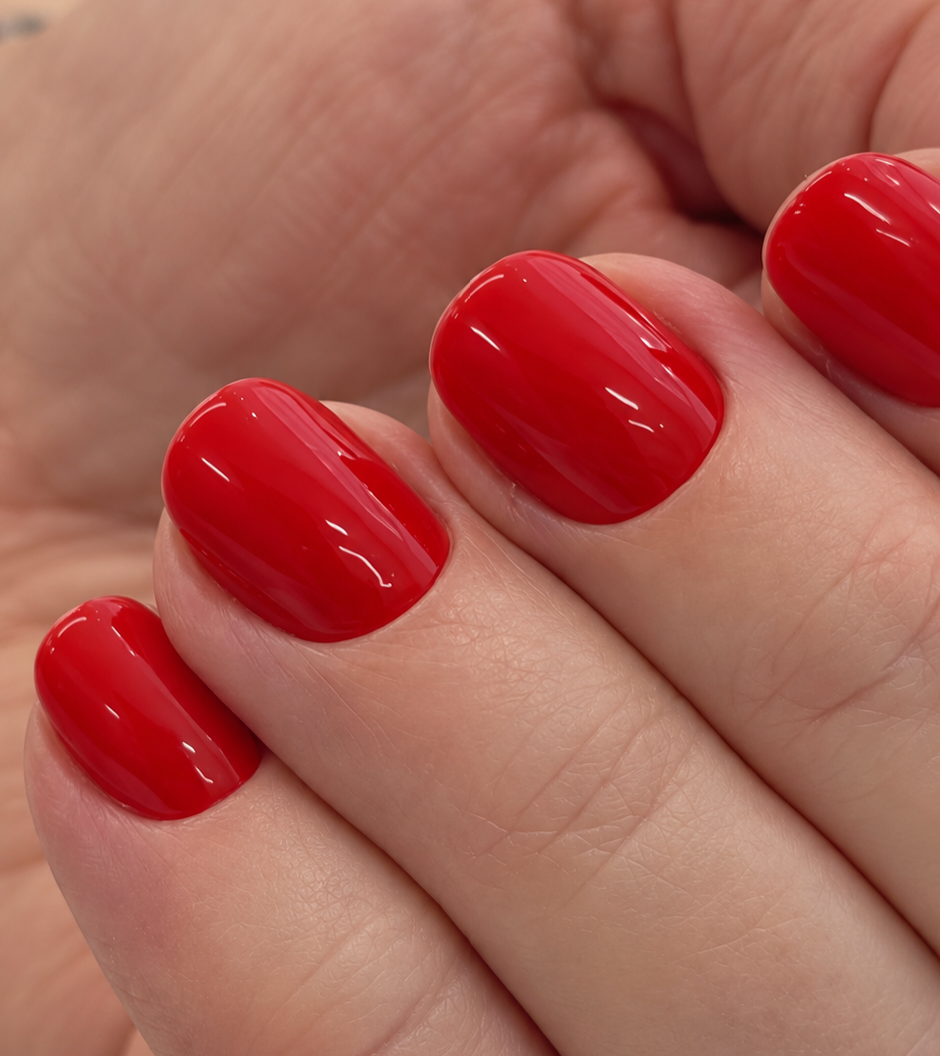 Classic red glossy manicure, close-up, by Radina Ignatova