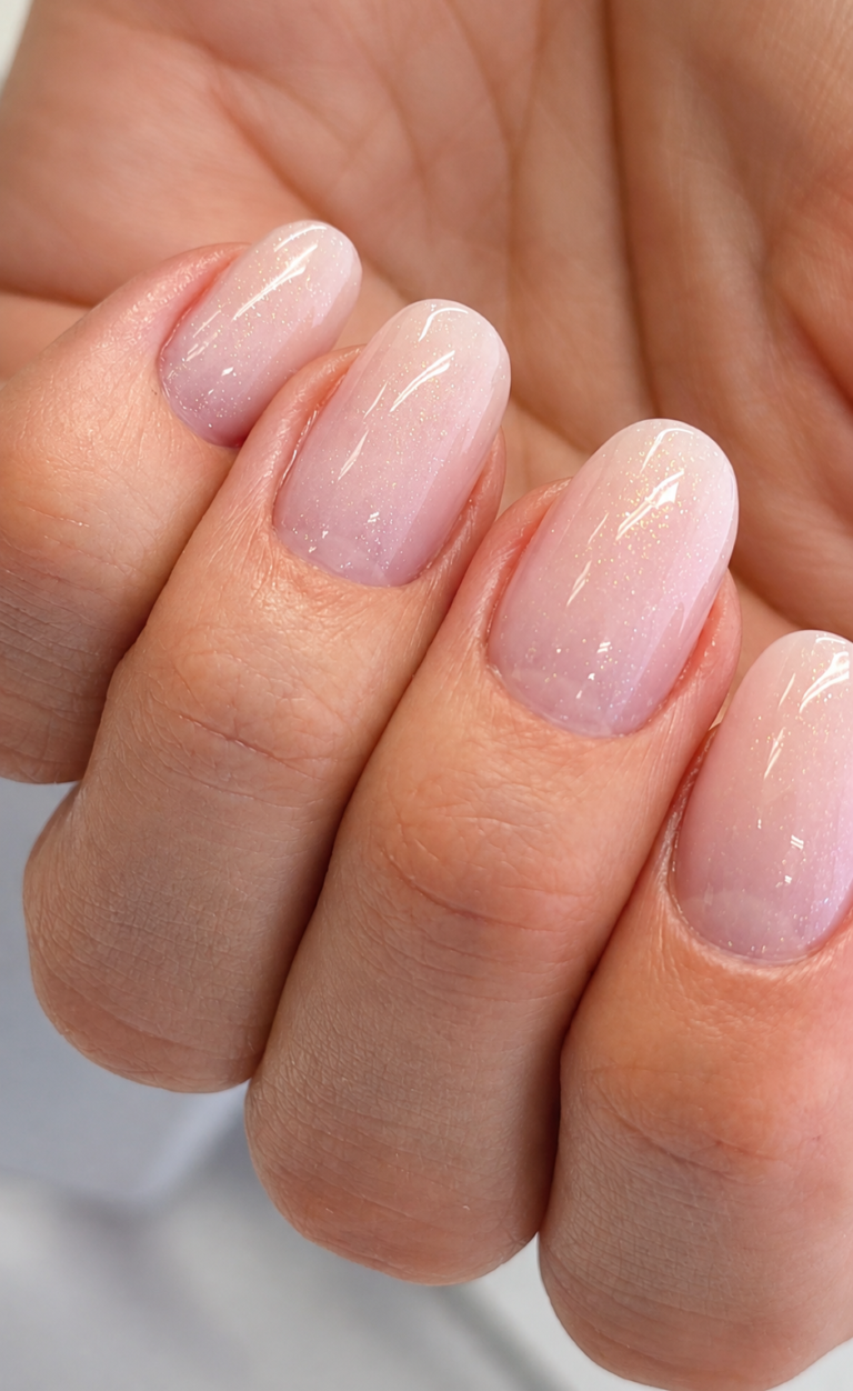 Sheer glazed nude pink manicure with a glossy milky finish by Radina Ignatova