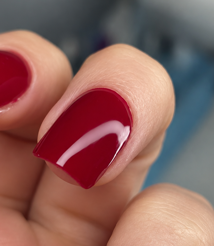 Close-up of a finished Russian manicure with a glossy deep red finish on a short natural nail
