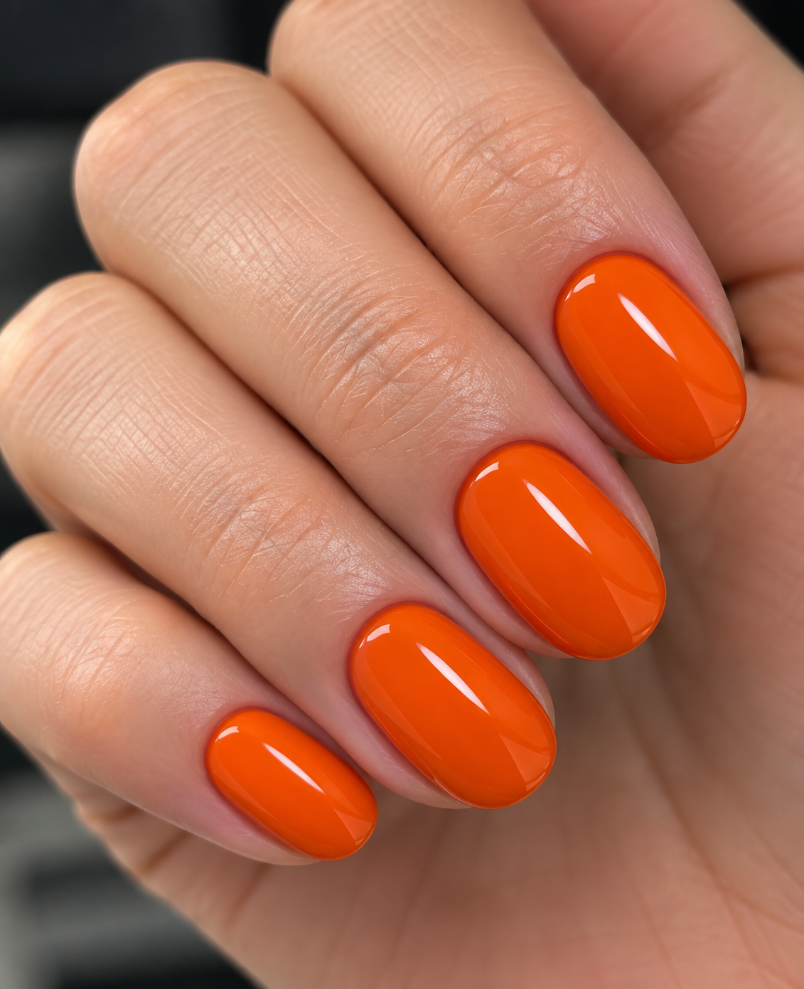 Bright glossy pumpkin orange manicure illustrating an autumnal orange colour trend