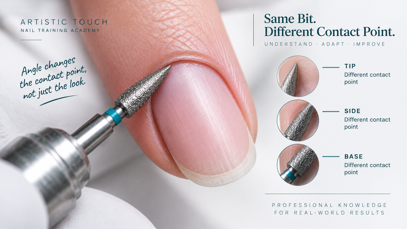 Diamond e-file bit showing different contact areas during Russian Manicure