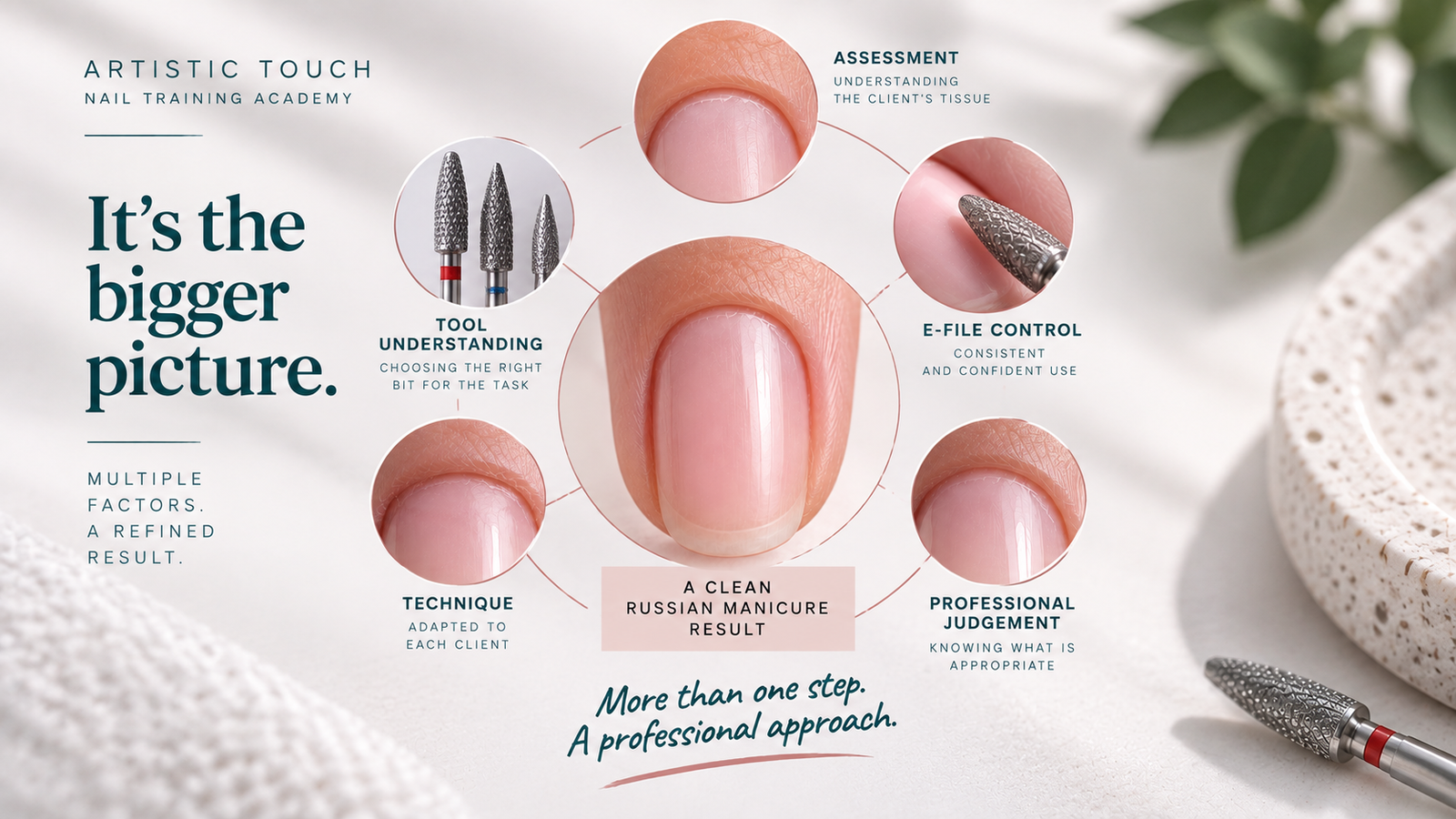Professional factors contributing to a clean Russian Manicure result including assessment, tool understanding, e-file control, technique and professional judgement