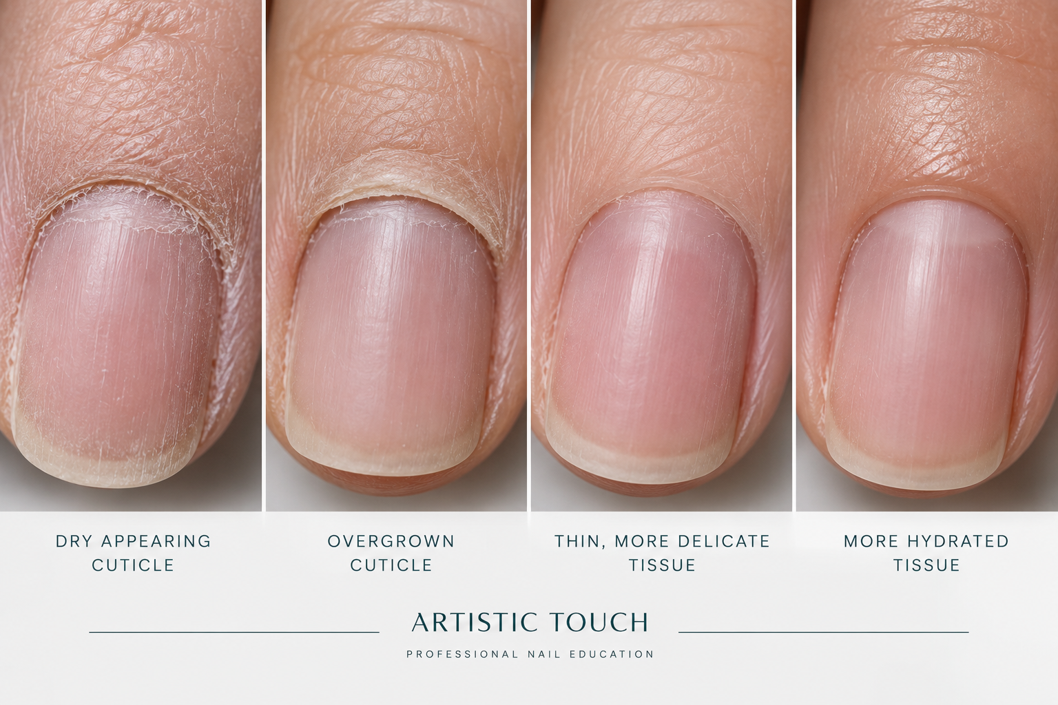 Examples of dry, overgrown, thin and more hydrated cuticle tissue for Russian Manicure assessment