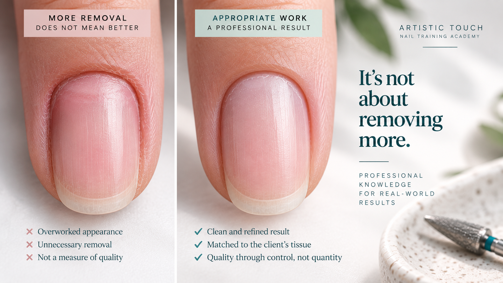Russian Manicure comparison illustrating that more tissue removal does not mean a better result