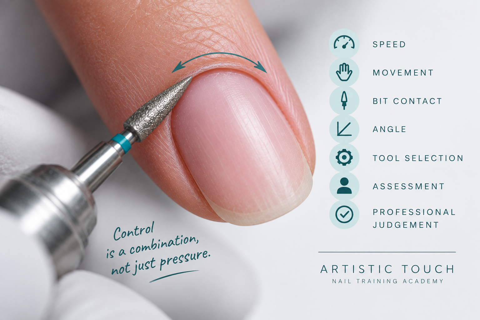 Russian Manicure e-file control factors including speed, movement, bit contact, angle, tool selection, assessment and professional judgement