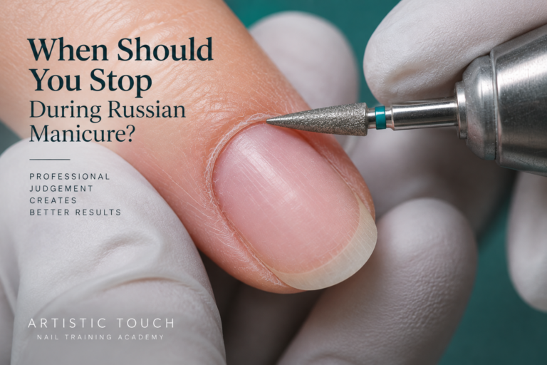 Nail technician assessing when to stop during a Russian Manicure service