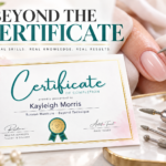 Beyond the Certificate: a sample Russian Manicure Certificate of Completion beside e-file bits and a finished natural nail, with the words Real skills, real knowledge, real results