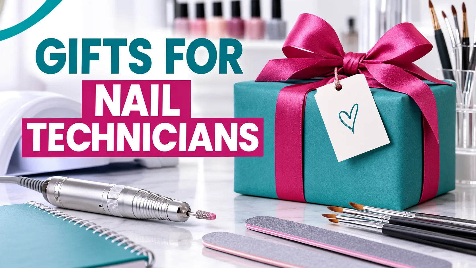 Teal gift box with a pink ribbon and a heart-marked tag on a work surface beside a nail lamp, an e-file handpiece, brushes, nail files and a teal notebook, under the heading Gifts for Nail Technicians