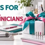 White gift box with teal and pink ribbons among a nail lamp, an e-file handpiece with bits, brushes, nail files, a notebook and gel pots on a bright work surface, under the heading Gifts for Nail Technicians