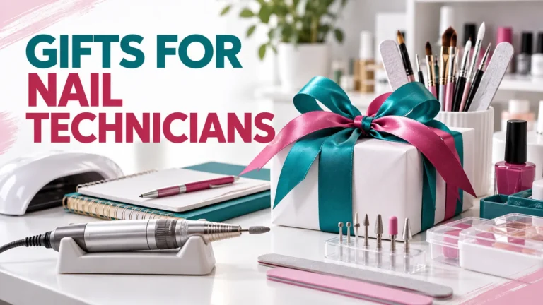 White gift box with teal and pink ribbons among a nail lamp, an e-file handpiece with bits, brushes, nail files, a notebook and gel pots on a bright work surface, under the heading Gifts for Nail Technicians