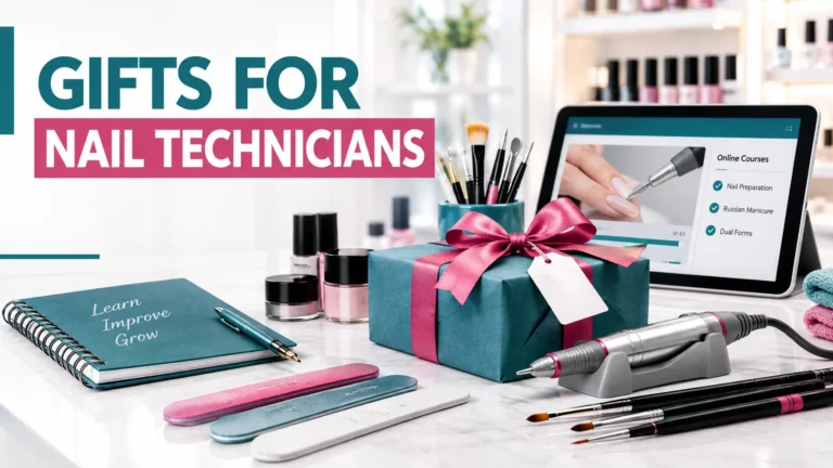 Teal gift box with a pink ribbon beside a tablet showing an online course menu listing nail preparation, Russian Manicure and dual forms, with brushes, nail files, an e-file handpiece and a notebook reading Learn Improve Grow