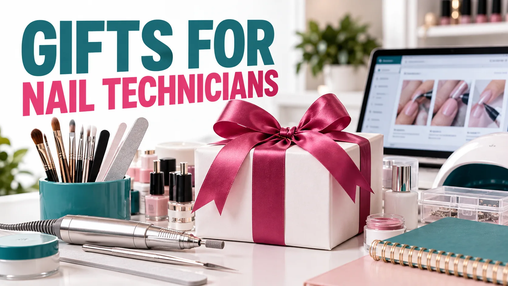 White gift box with a pink ribbon on a nail technician's desk beside a laptop showing nail technique clips, an e-file handpiece, brushes, a nail lamp and a teal notebook, under the heading Gifts for Nail Technicians
