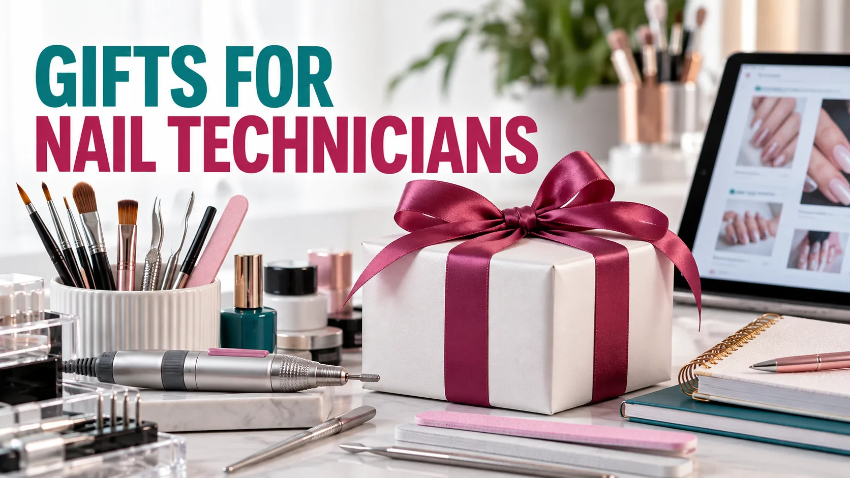 White gift box tied with a magenta ribbon on a nail technician's desk, among brushes in a pot, an e-file handpiece, nail files, gel pots, a notebook and a laptop showing nail photos, under the heading Gifts for Nail Technicians