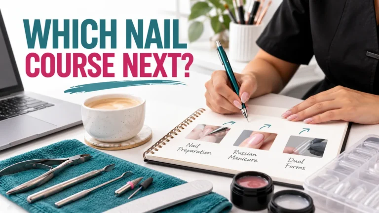 Nail technician writing in a notebook beside a laptop, a cup of coffee and a towel with nail tools, with Nail Preparation, Russian Manicure and Dual Forms sketched on the page, under the heading Which Nail Course Next